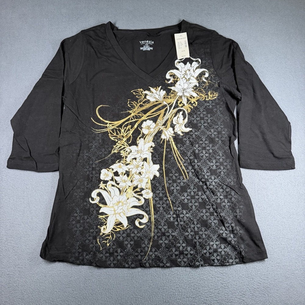 Lane Bryant Shirt Womens 16 Plus Black Floral Graphic V Neck 3/4 Sleeve Tee Top